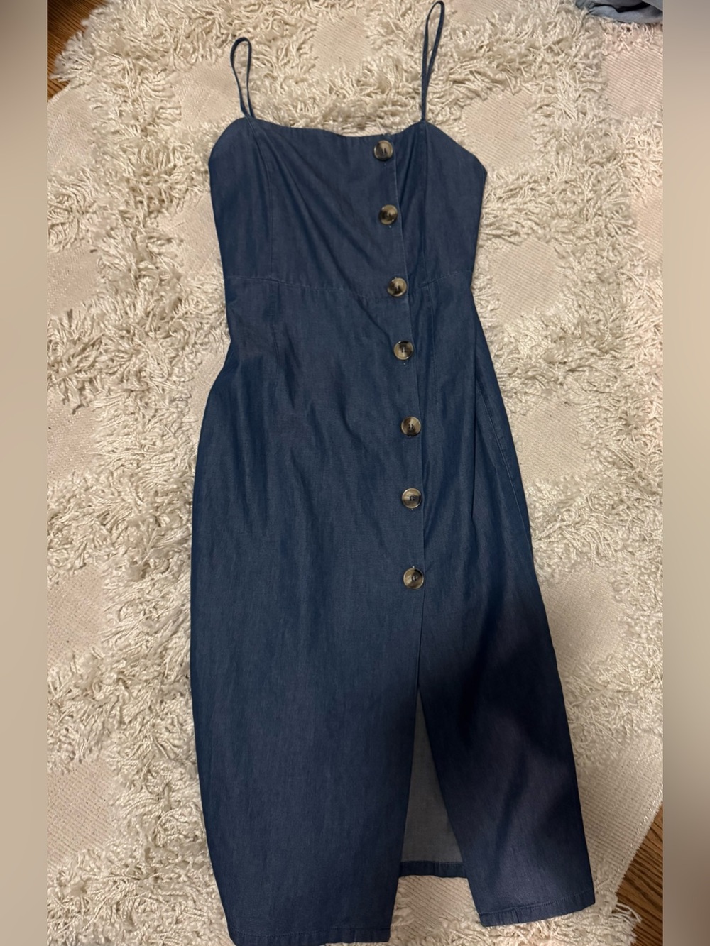 Dark Blue Denim Midi Dress with Buttons and Leg Slit